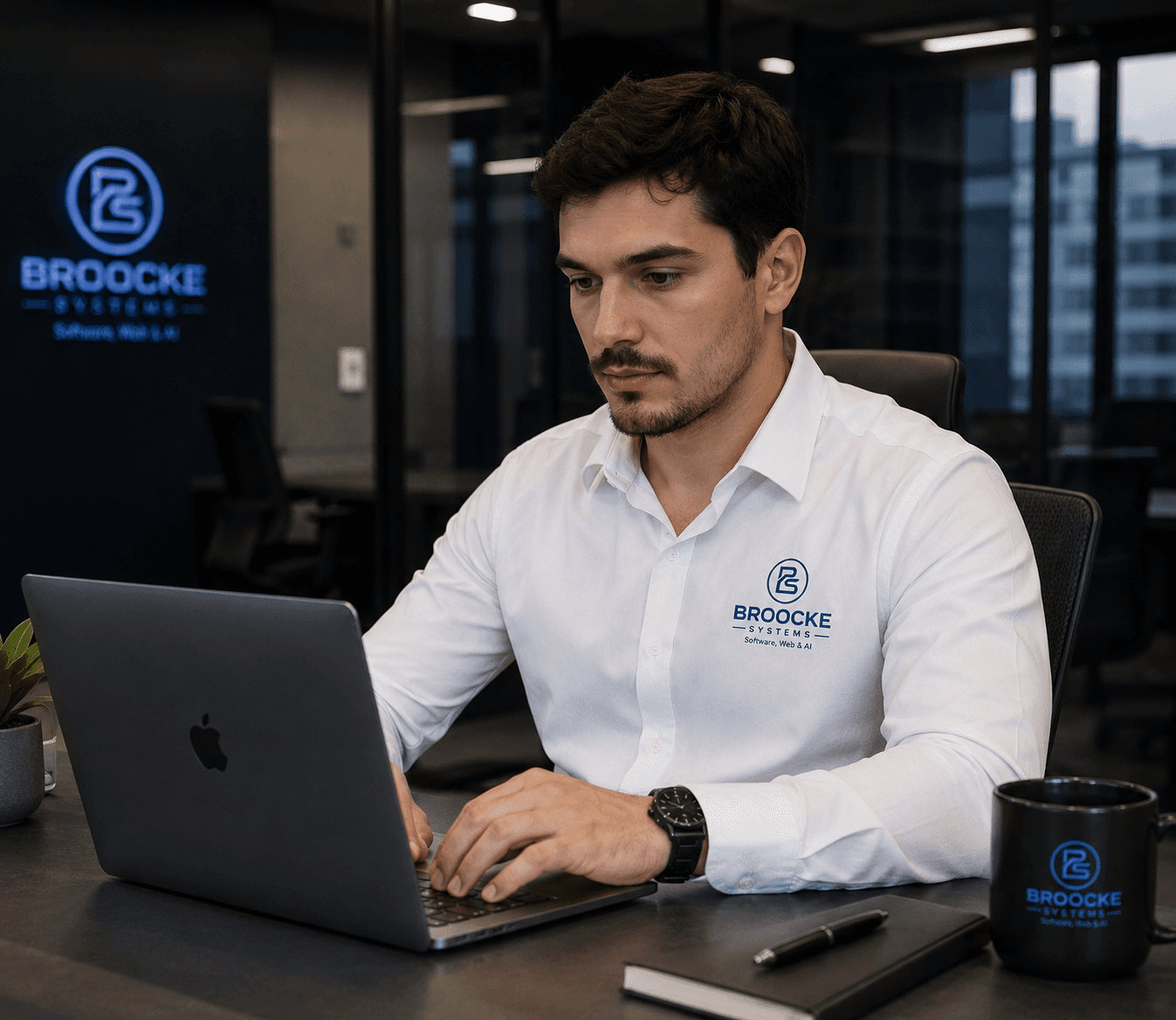 Profissional da Broocke Systems trabalhando em um sistema web